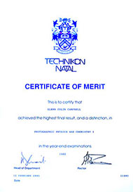Cetificate of Merit, Natal Technikon, Physics & Chemistry I, 1992 Cetificate of Merit, Natal Technikon, Physics & Chemistry I, 1992