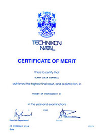 Cetificate of Merit, Natal Technikon, Theory of Photography I, 1992 Cetificate of Merit, Natal Technikon, Theory of Photography I, 1992